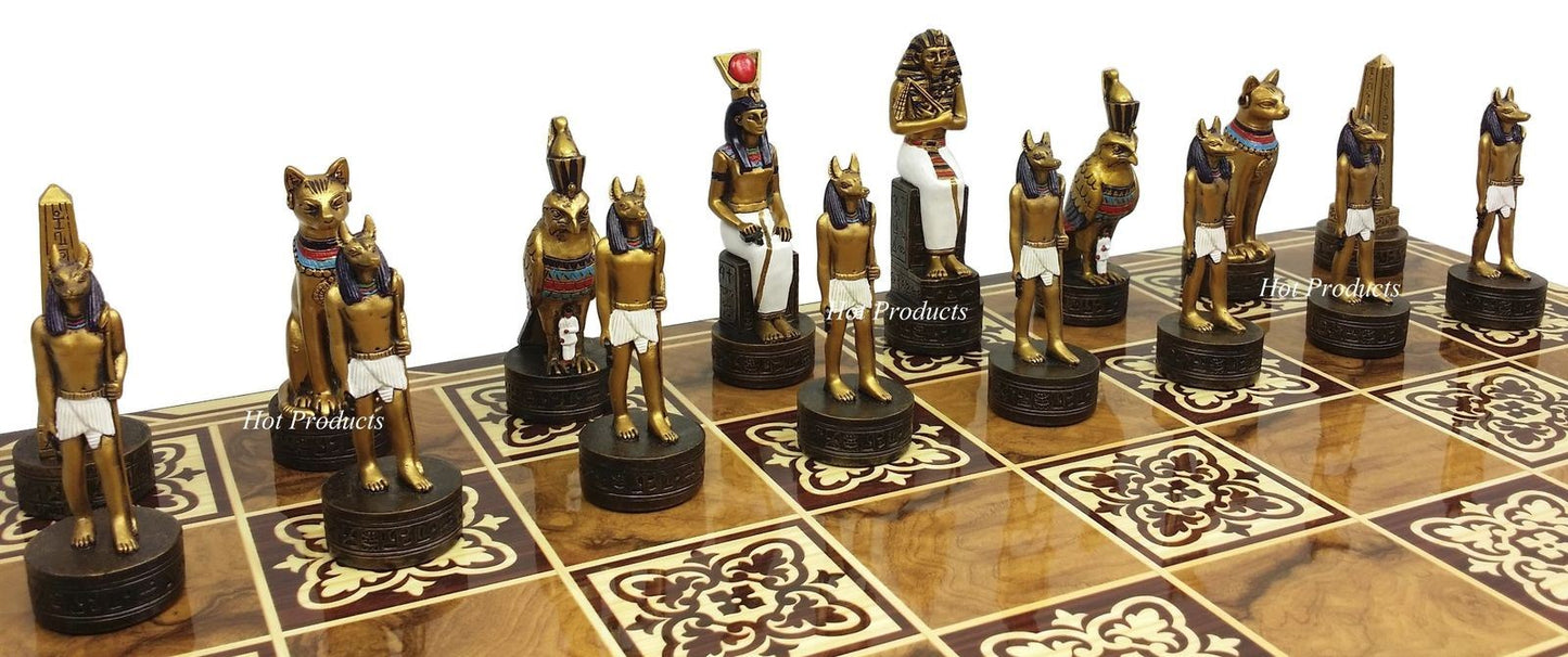 Egyptian Anubis Chess Set Gold & Silver Painted Men 17" Burlwood Color Board