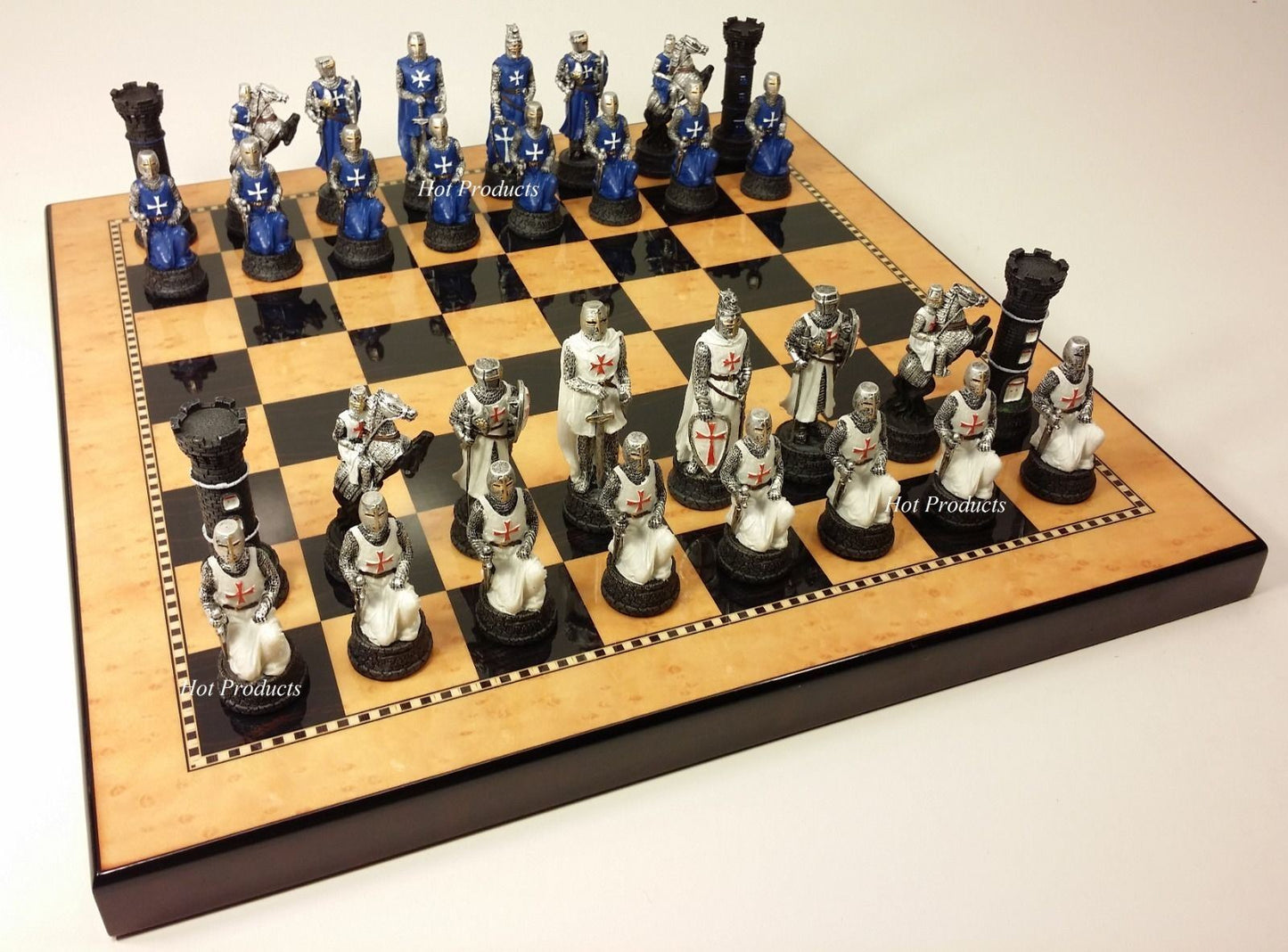 Medieval Times Crusades BLUE WHITE Maltese Knight Chess Set 15" Walnut Color Bd