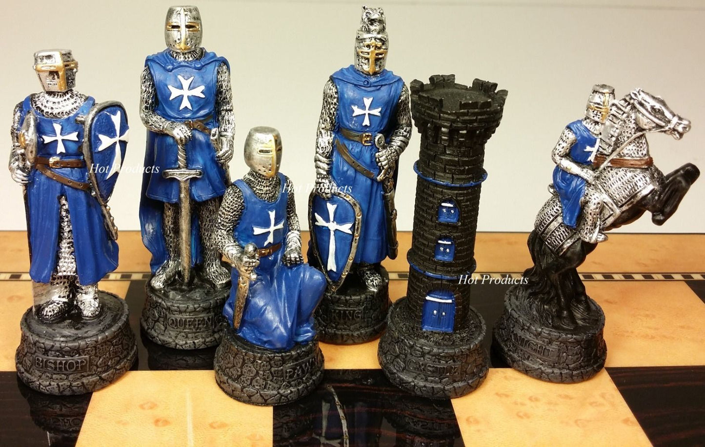 Medieval Times Crusades BLUE WHITE Maltese Knight Chess Set 15" Walnut Color Bd