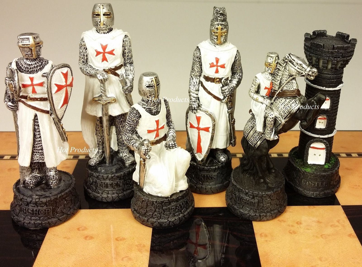 Medieval Times Crusades BLUE WHITE Maltese Knight Chess Set 15" Walnut Color Bd