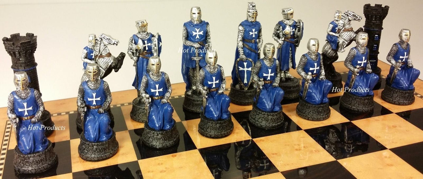 Medieval Times Crusades BLUE WHITE Maltese Knight Chess Set 15" Walnut Color Bd