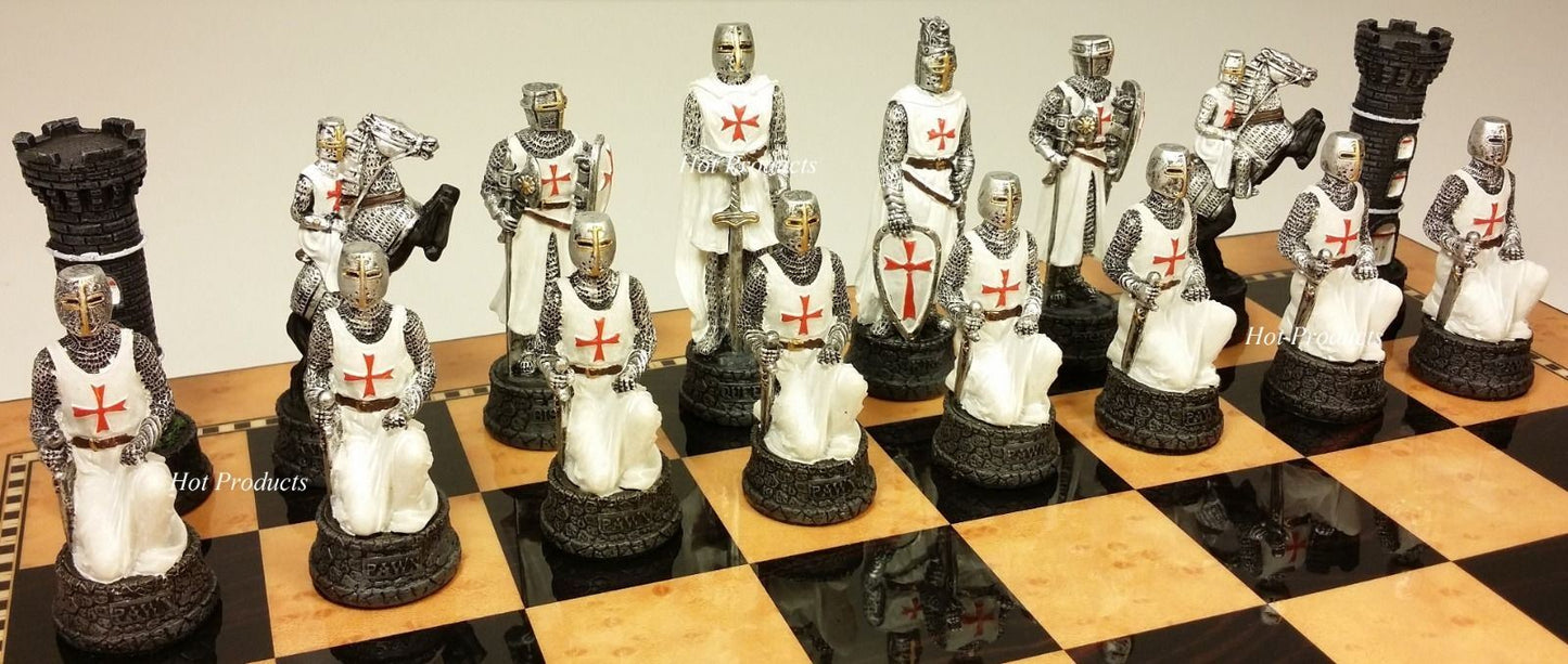 Medieval Times Crusades BLUE WHITE Maltese Knight Chess Set 15" Walnut Color Bd