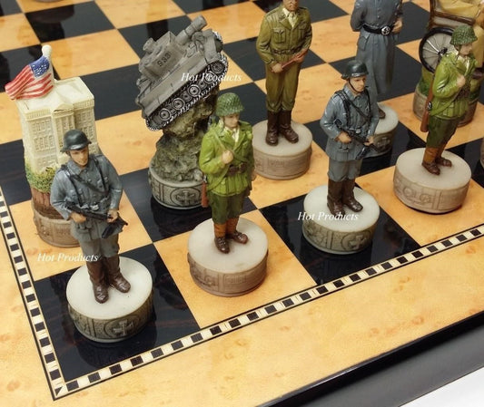 WW2 US GERMANY Chess Set W 18" WALNUT & BIRDSEYE MAPLE Color Board World War 2
