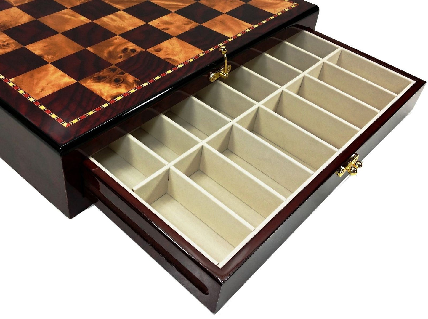 BRASS Black Gold Staunton Bridled Knight Chess Set Cherry Color Storage Board
