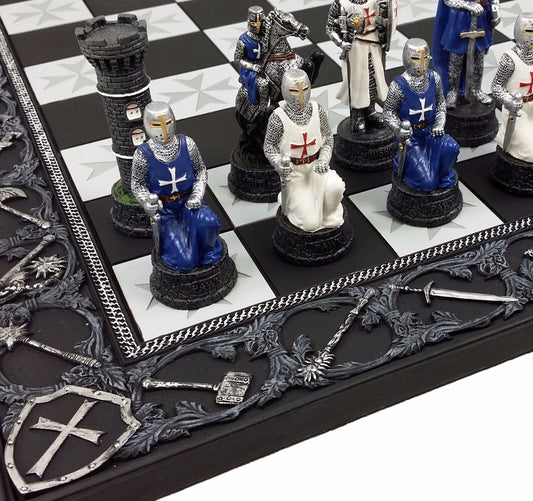 Medieval Times Crusades Blue & White Armored Maltese Knights Chess Set 17" Board