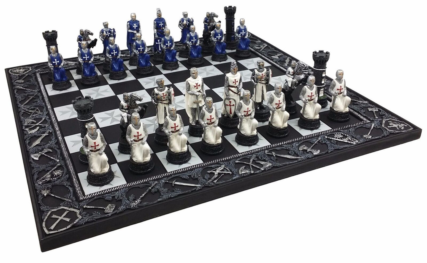 Medieval Times Crusades Blue & White Armored Maltese Knights Chess Set 17" Board