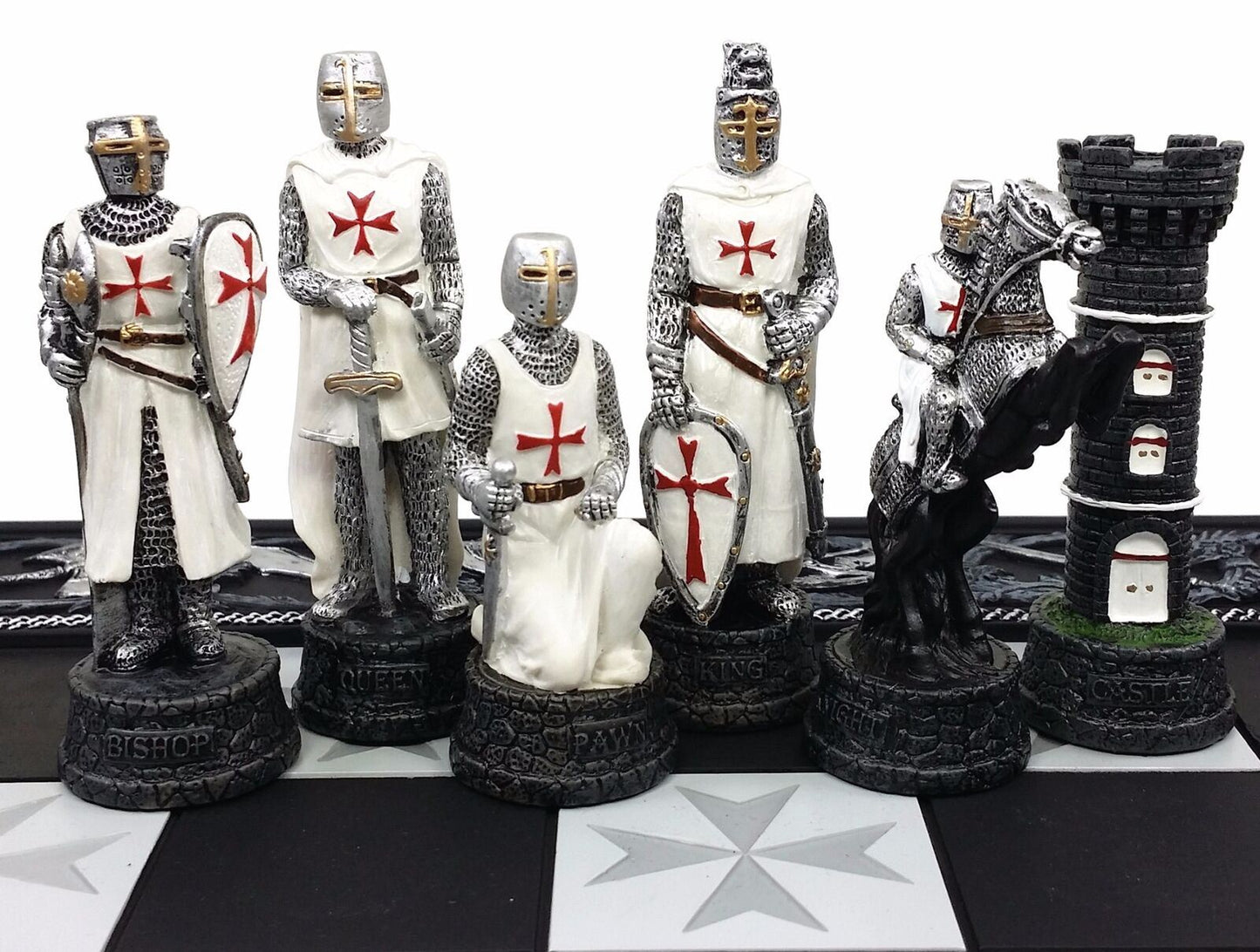 Medieval Times Crusades Blue & White Armored Maltese Knights Chess Set 17" Board