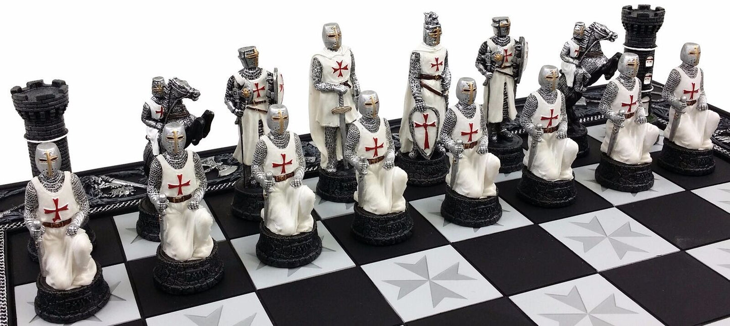 Medieval Times Crusades Blue & White Armored Maltese Knights Chess Set 17" Board