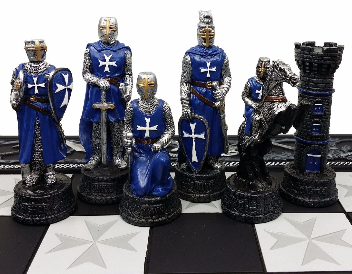 Medieval Times Crusades Blue & White Armored Maltese Knights Chess Set 17" Board