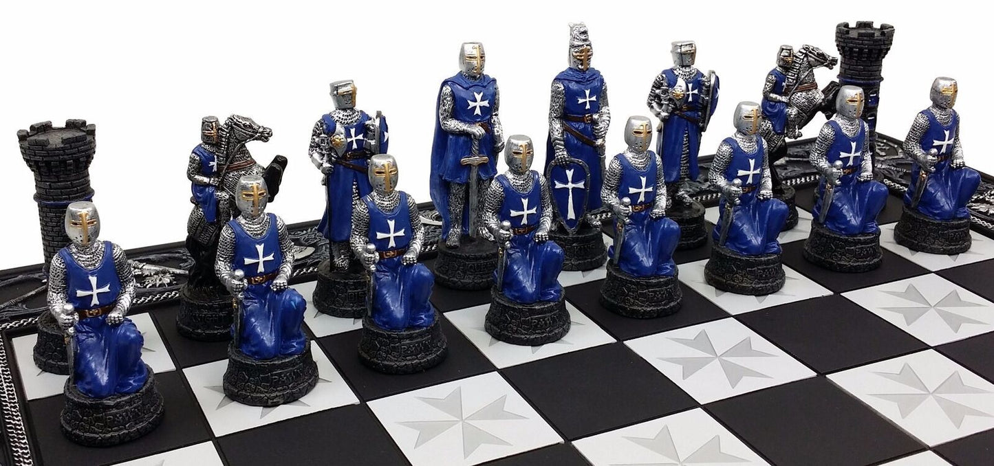 Medieval Times Crusades Blue & White Armored Maltese Knights Chess Set 17" Board