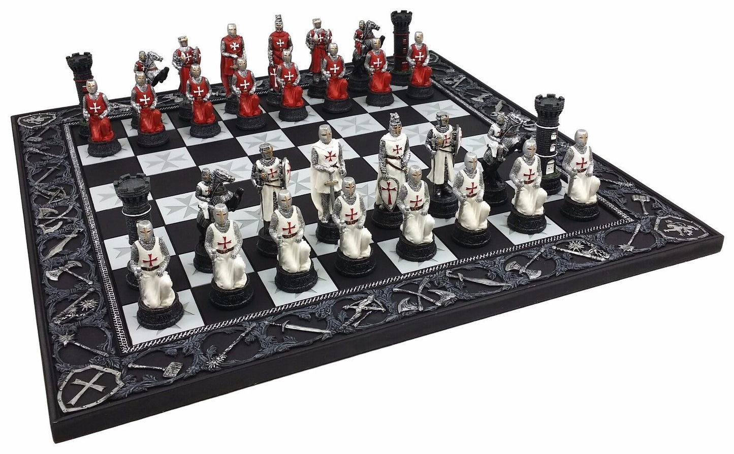 Medieval Times Crusades Red & White Armored Maltese Knights Chess Set 17" Board