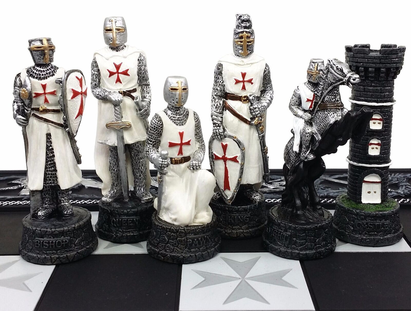 Medieval Times Crusades Red & White Armored Maltese Knights Chess Set 17" Board