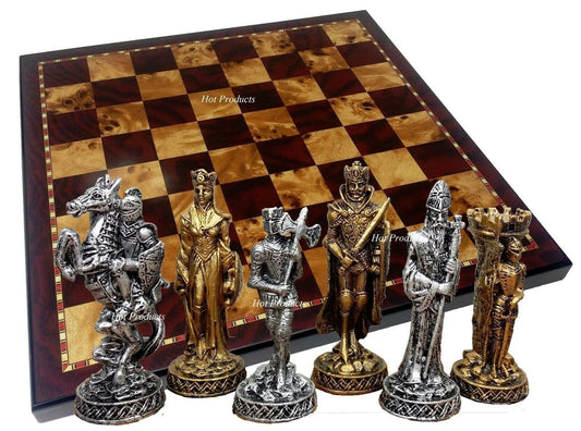 Medieval Times Crusades Pewter METAL CHESS Set 18" Cherry & Burlwood Color Board