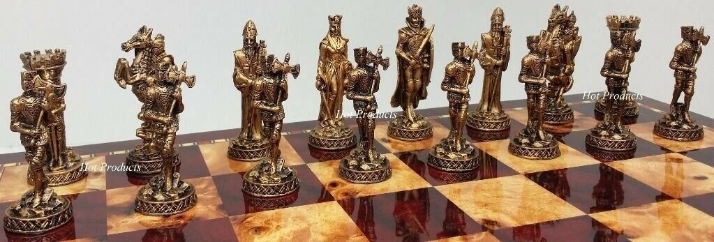 Medieval Times Crusades Pewter METAL CHESS Set 18" Cherry & Burlwood Color Board