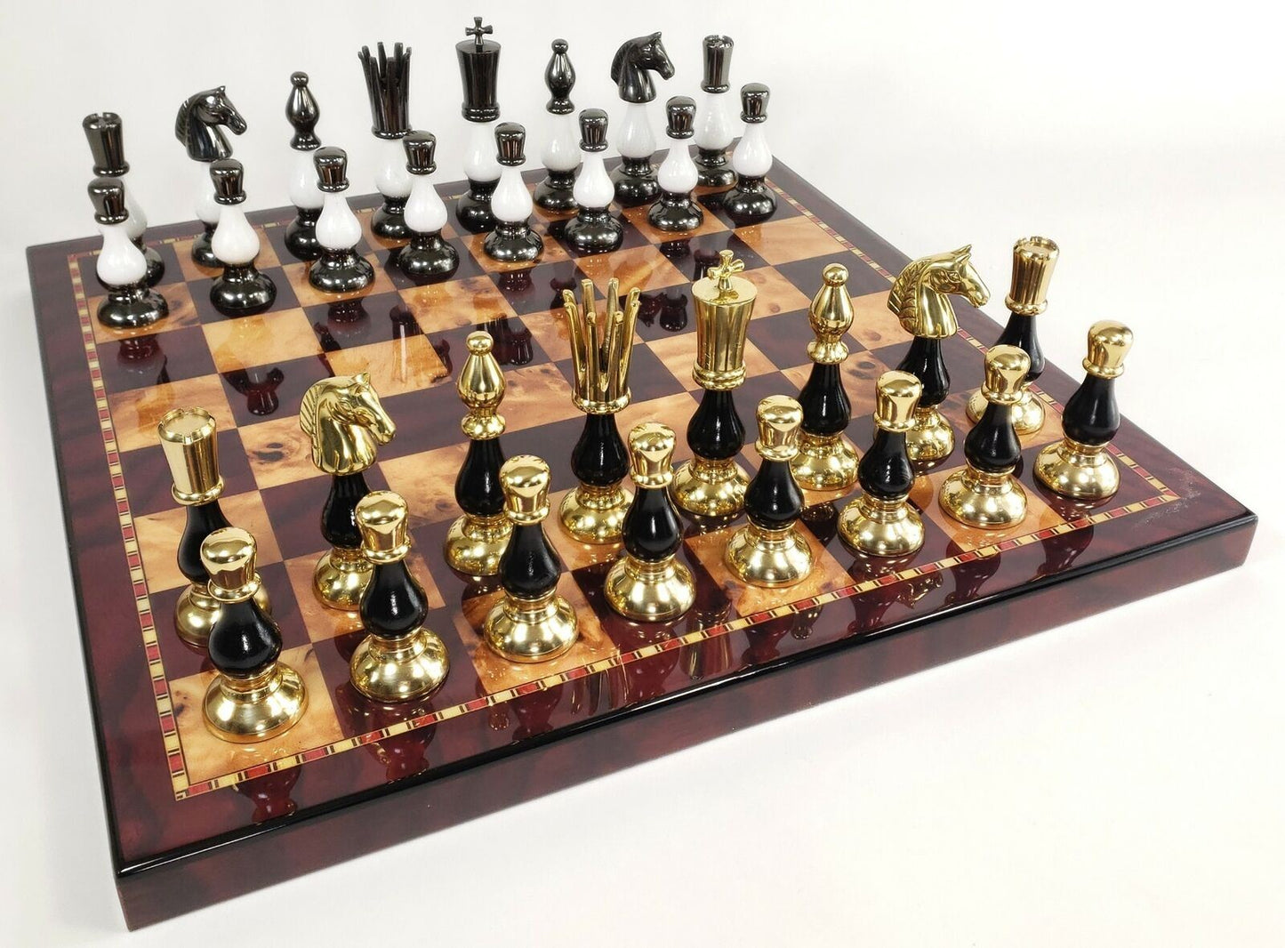 LARGE Brass Metal Gold Black Spike Staunton Chess Set 18" Cherry Color Board
