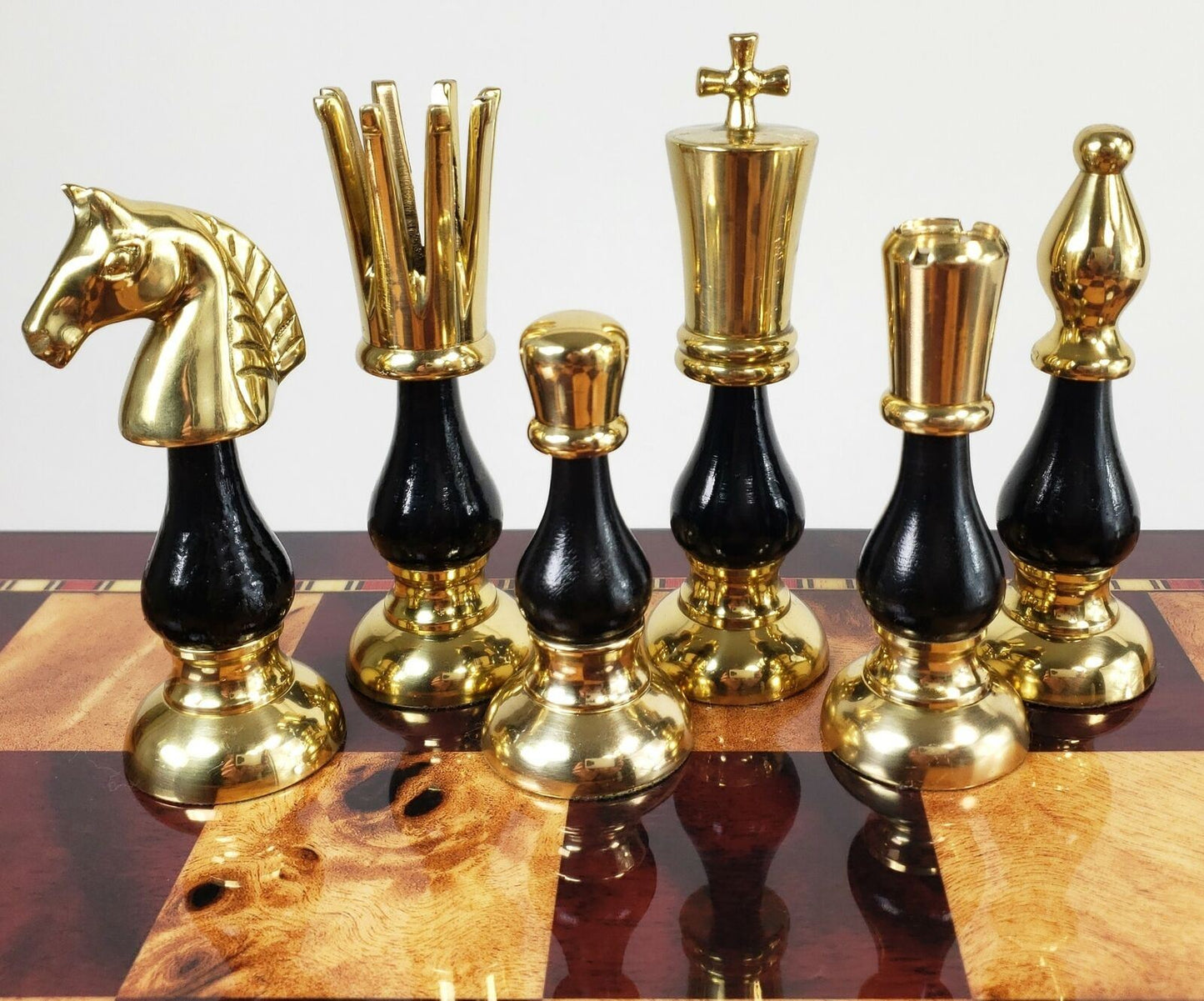 LARGE Brass Metal Gold Black Spike Staunton Chess Set 18" Cherry Color Board