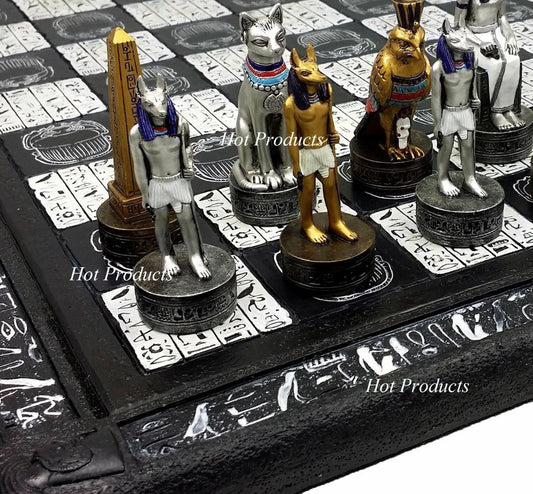 Egyptian Anubis Chess Set Gold & Silver Painted Men W/ 16" Hieroglyphics Board