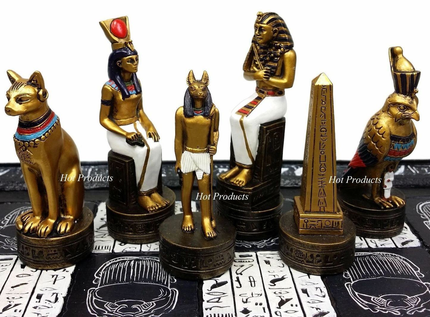 Egyptian Anubis Chess Set Gold & Silver Painted Men W/ 16" Hieroglyphics Board