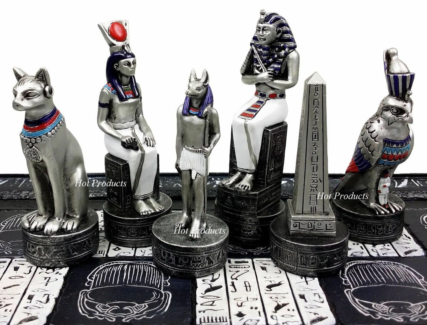 Egyptian Anubis Chess Set Gold & Silver Painted Men W/ 16" Hieroglyphics Board