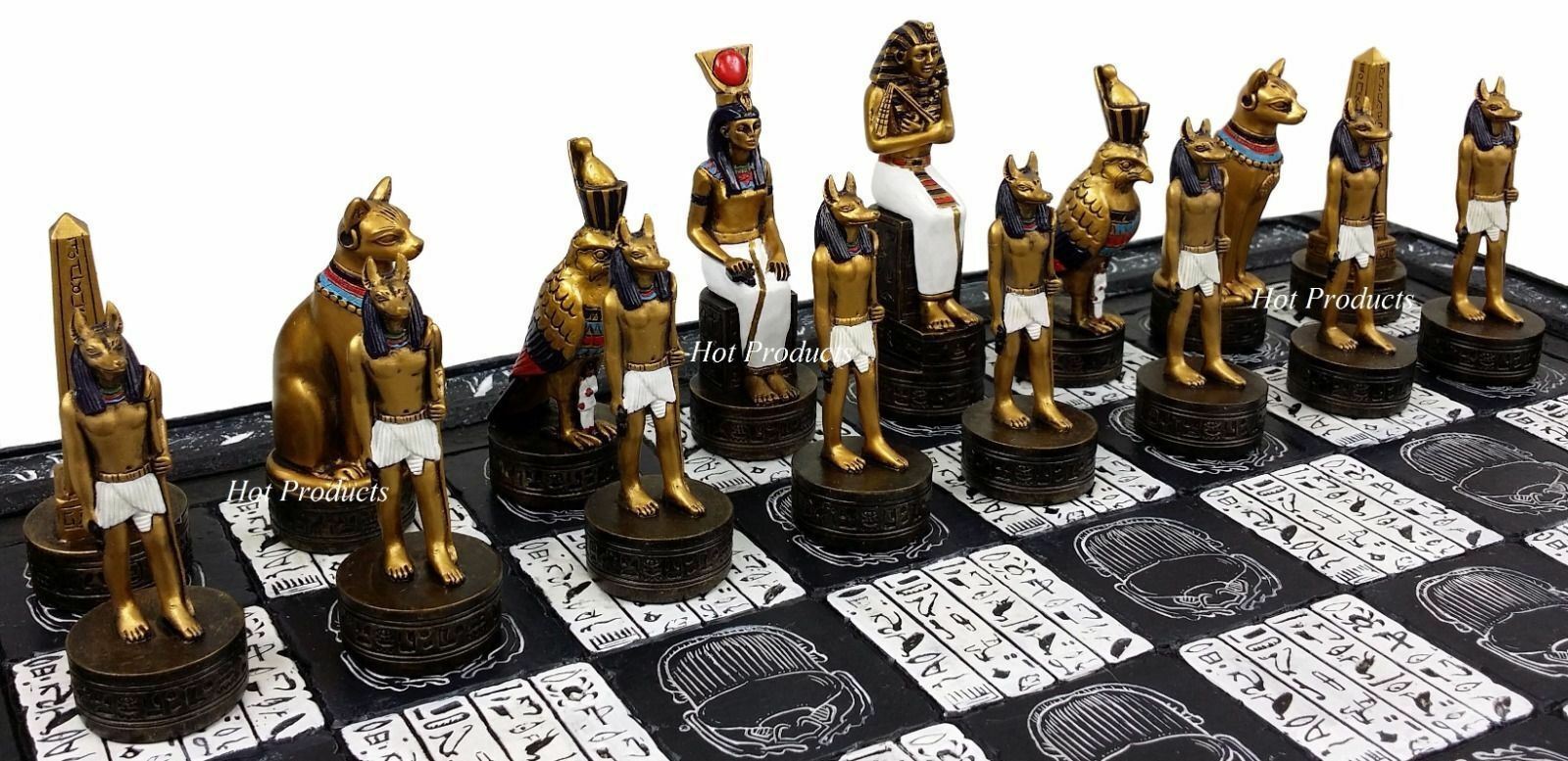 Egyptian Anubis Chess Set Gold & Silver Painted Men W/ 16