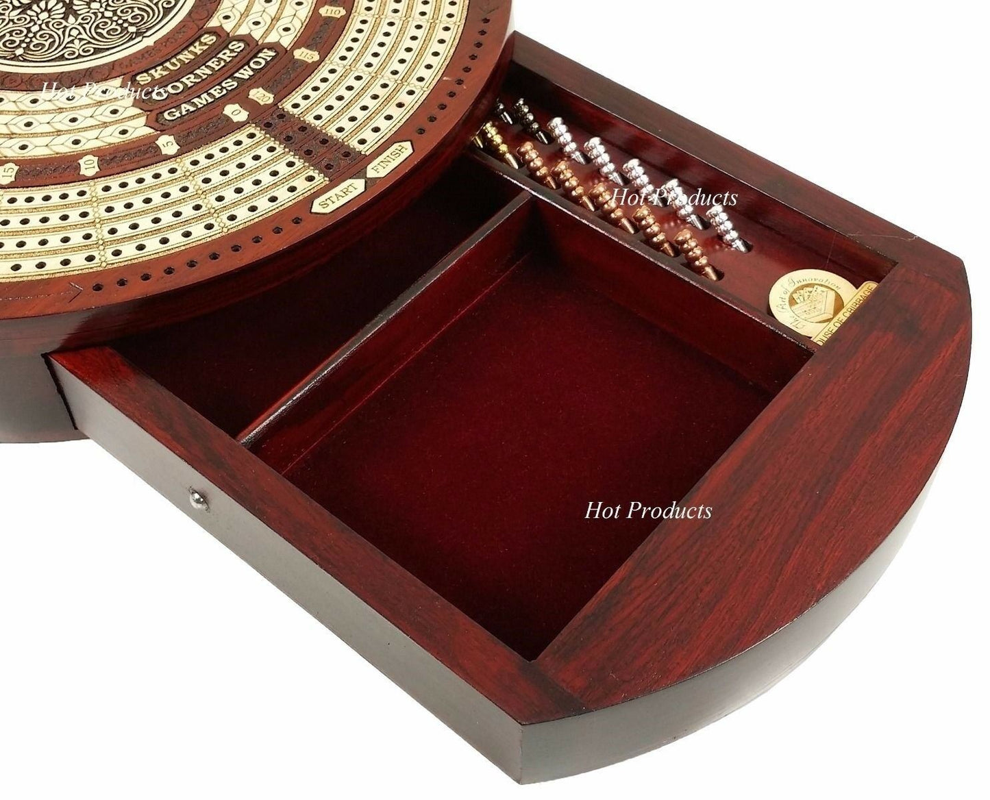 4 TRACK ROUND Continuous Cribbage Board Metal Pegs BLOODWOOD Skunks & Corners