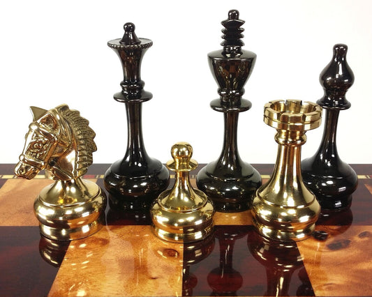 Real Brass Metal Black & Gold Staunton Bridled Knight Chess Men Set - NO Board