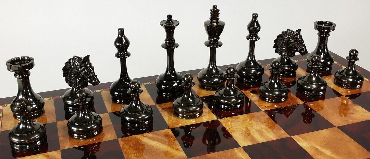 Real Brass Metal Black & Gold Staunton Bridled Knight Chess Men Set - NO Board