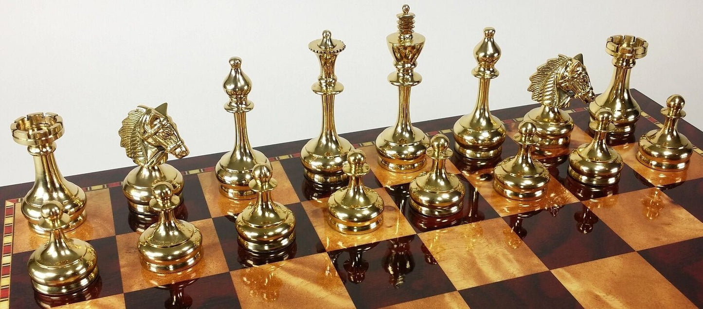 Real Brass Metal Black & Gold Staunton Bridled Knight Chess Men Set - NO Board