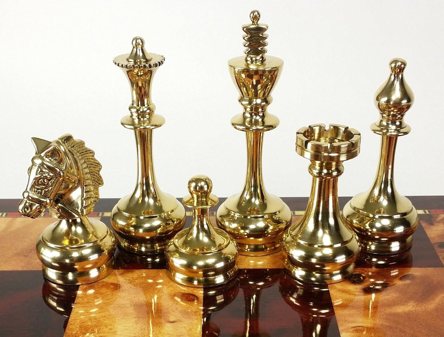 Real Brass Metal Black & Gold Staunton Bridled Knight Chess Men Set - NO Board