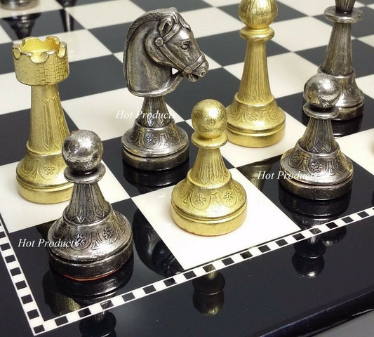 Brass CLASSIC Metal GOLD SILVER COLOR STAUNTON Chess Set 15" Black & White Board