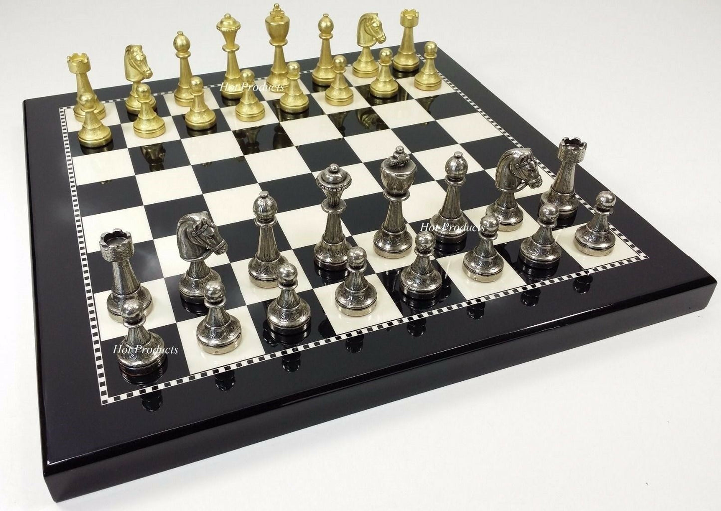 Brass CLASSIC Metal GOLD SILVER COLOR STAUNTON Chess Set 15" Black & White Board