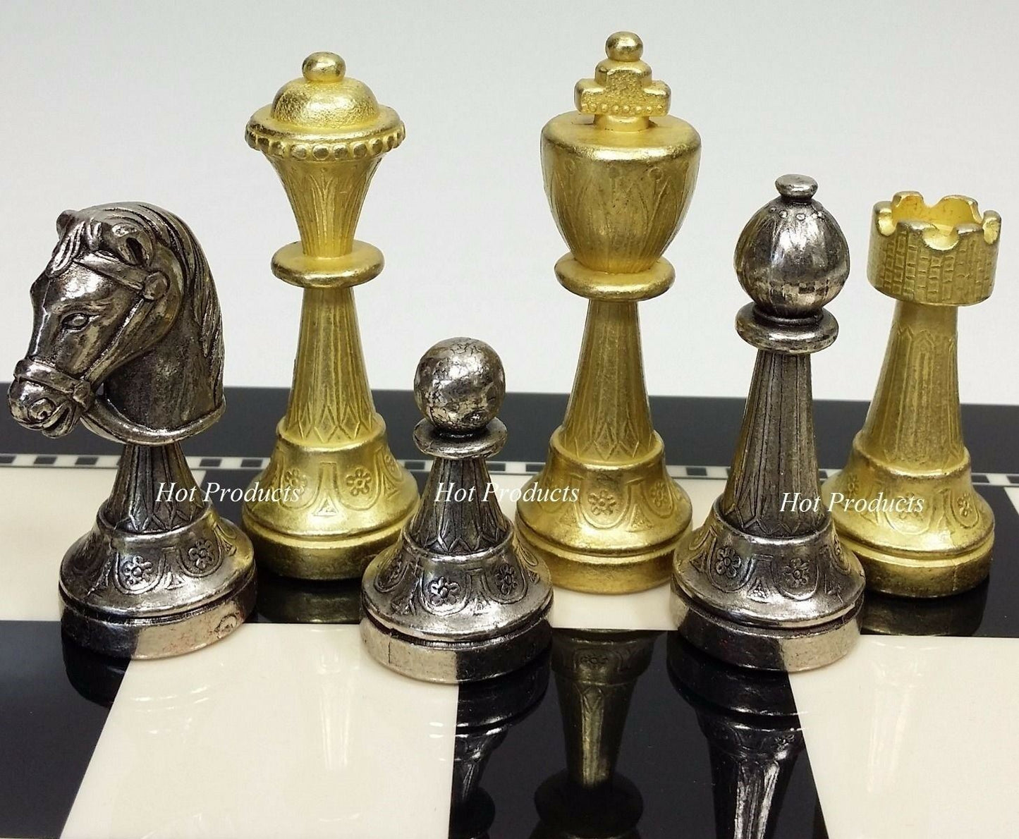 Brass CLASSIC Metal GOLD SILVER COLOR STAUNTON Chess Set 15" Black & White Board