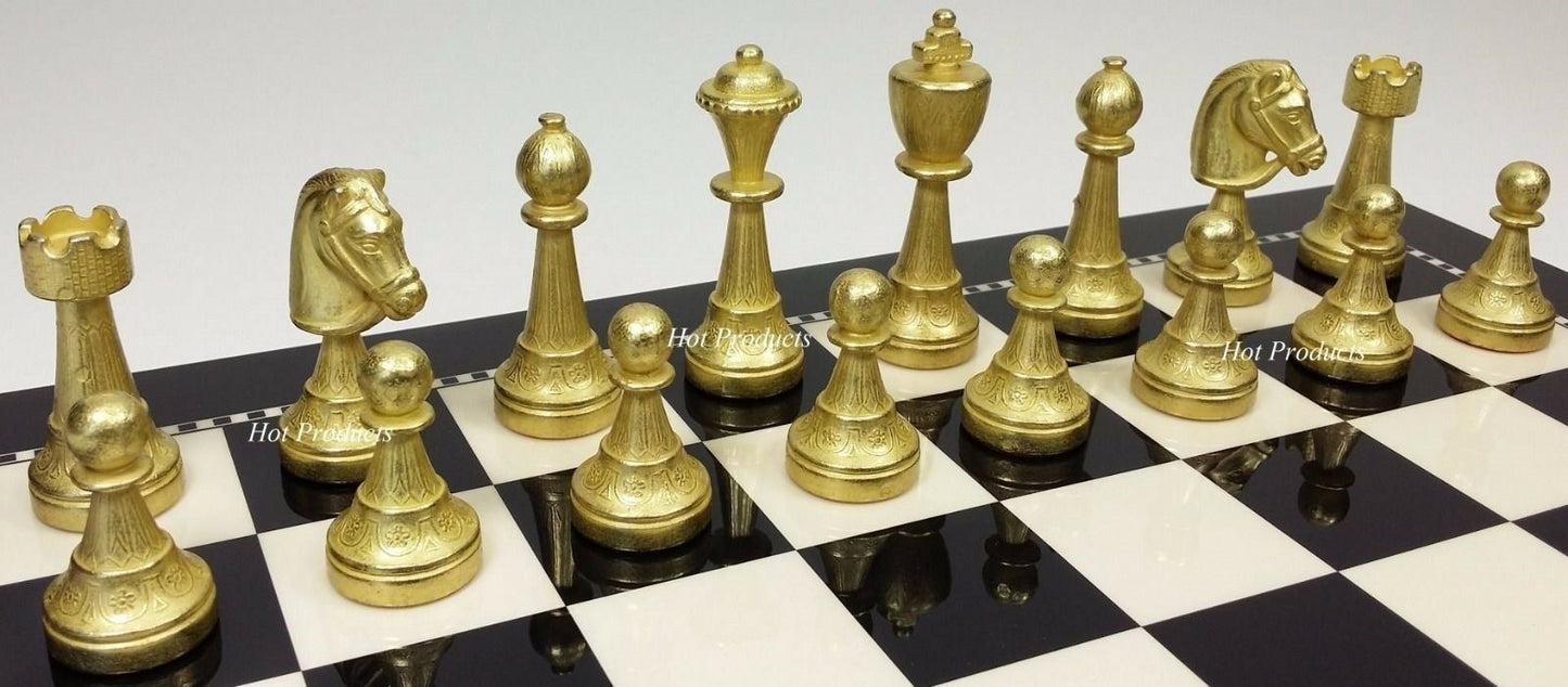 Brass CLASSIC Metal GOLD SILVER COLOR STAUNTON Chess Set 15" Black & White Board