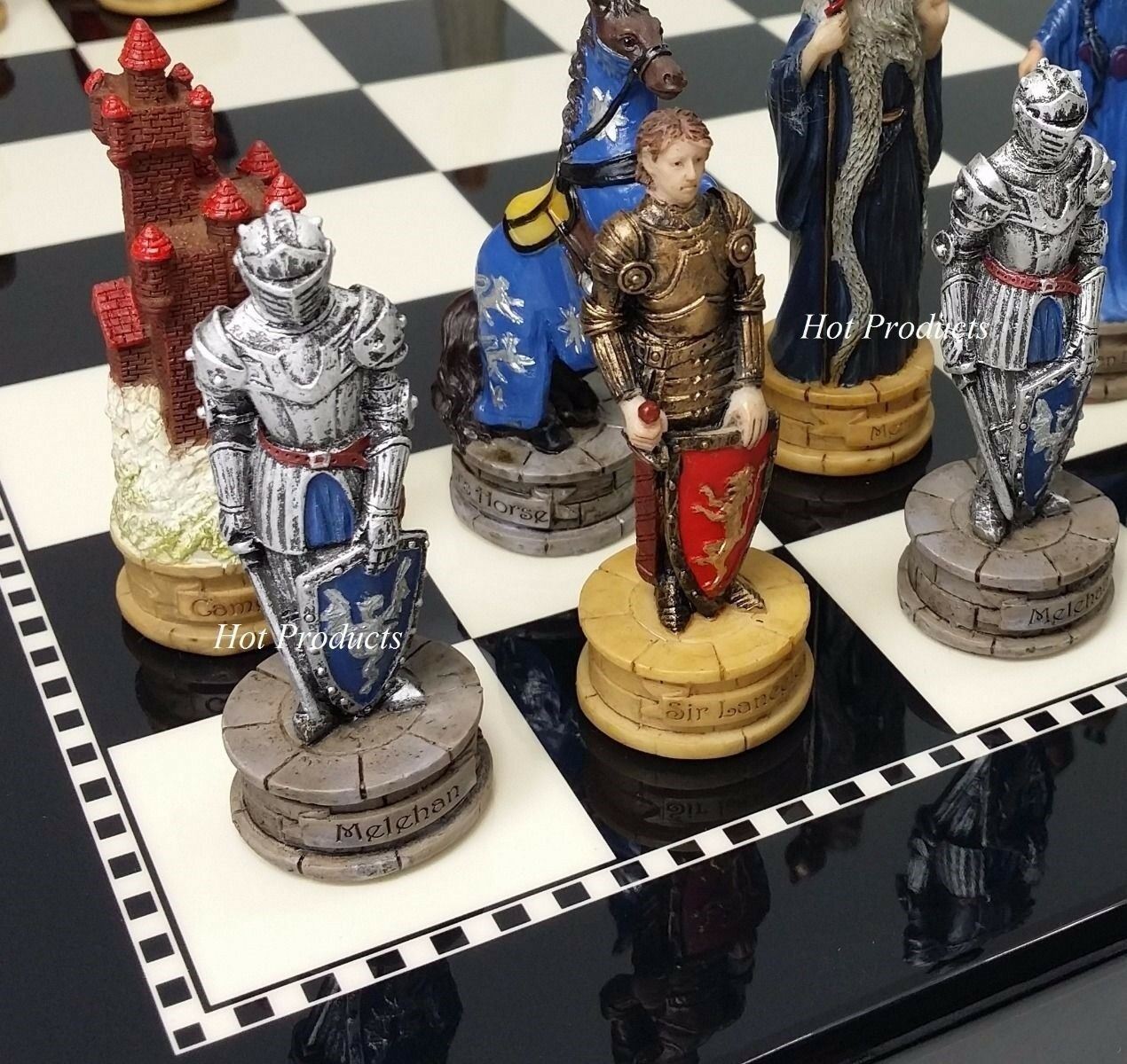 Medieval Times King Arthur CAMELOT Knight Chess Set W/ Black & White Gloss Board