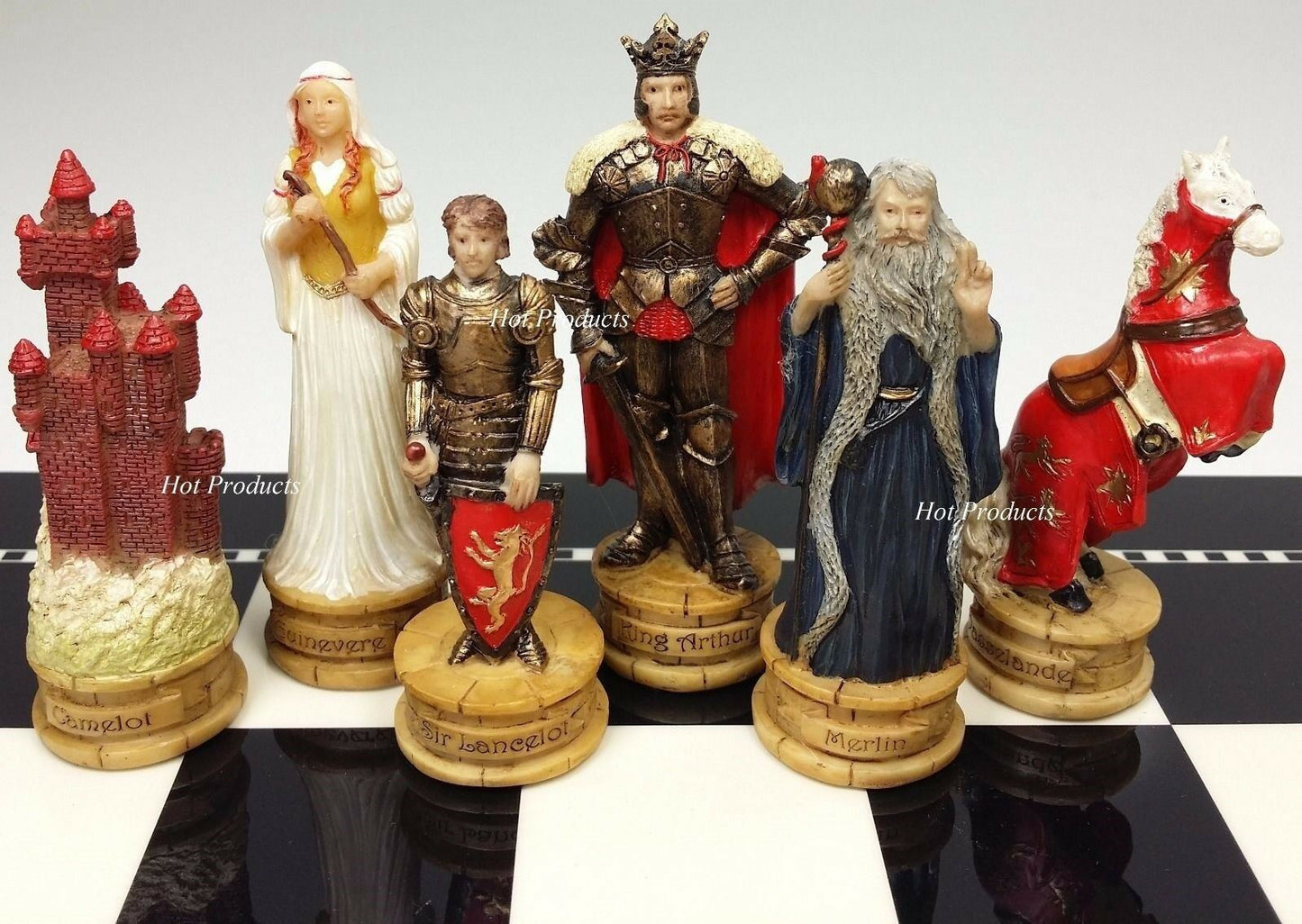 Medieval Times King Arthur CAMELOT Knight Chess Set W/ Black & White Gloss Board