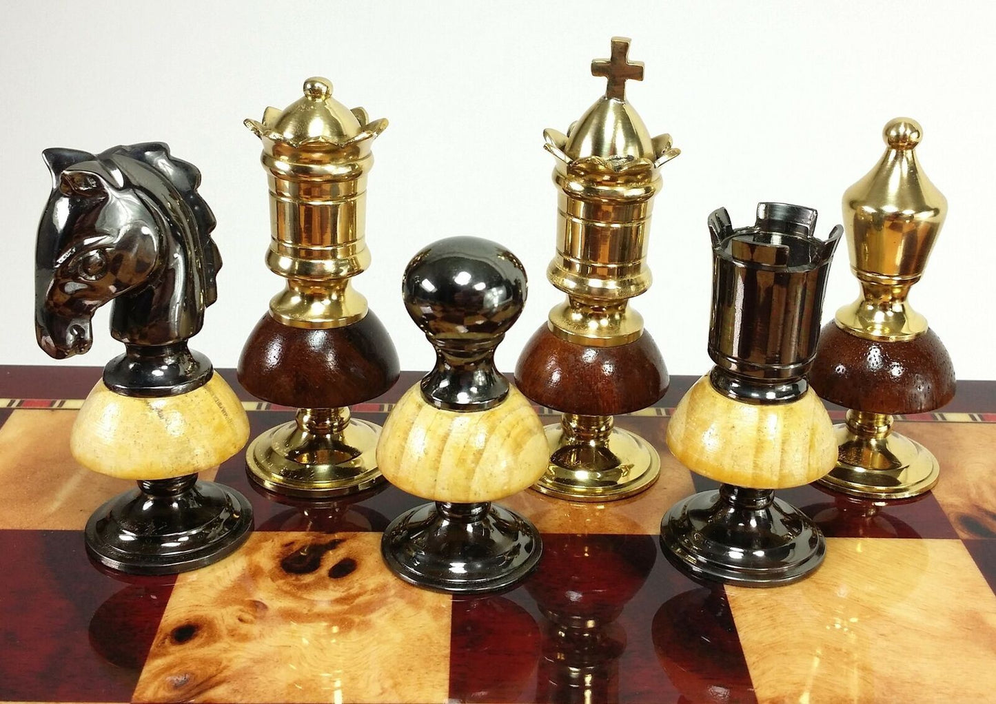 Brass Metal Gold & Black  Royal Staunton Chess Set Cherry Color 17"Storage Board