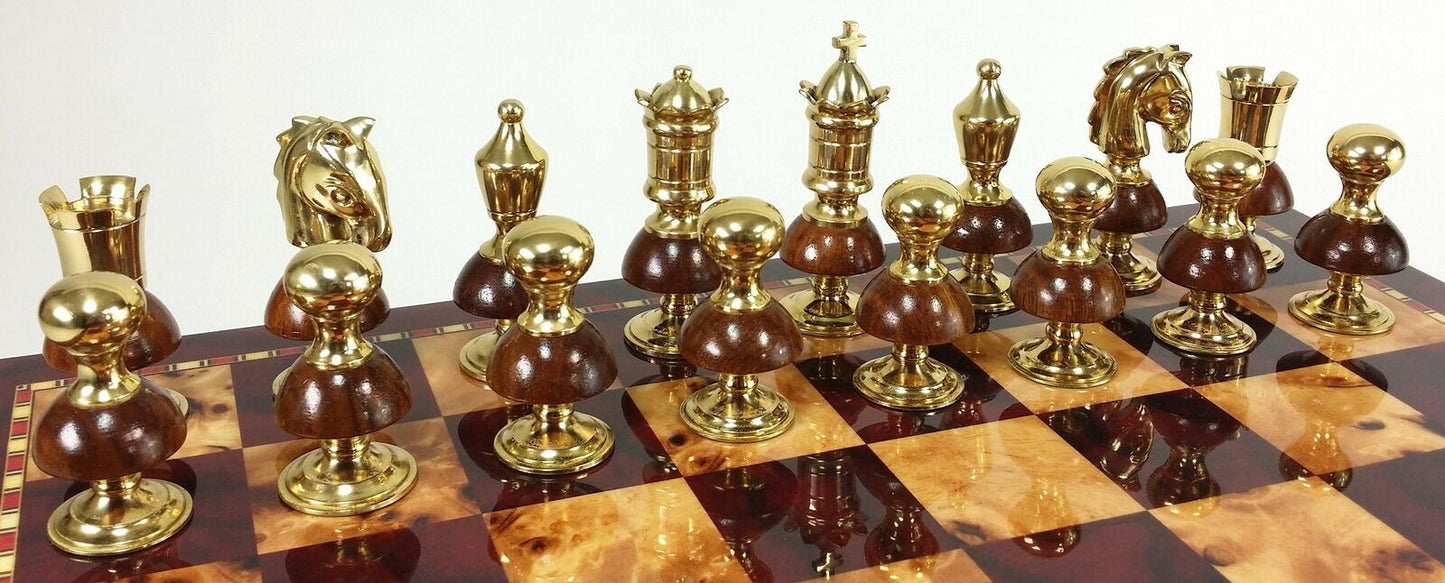 Brass Metal Gold & Black  Royal Staunton Chess Set Cherry Color 17"Storage Board