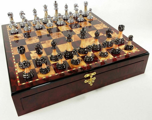 Staunton Chrome & Black Pro Plastic Chess Men Set 17" Cherry Color Storage Board