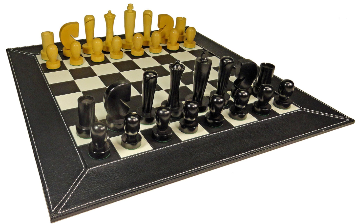 4 Q Staunton MODERN BERLINER Wood Chess Set 18" Black & White Faux Leather Board