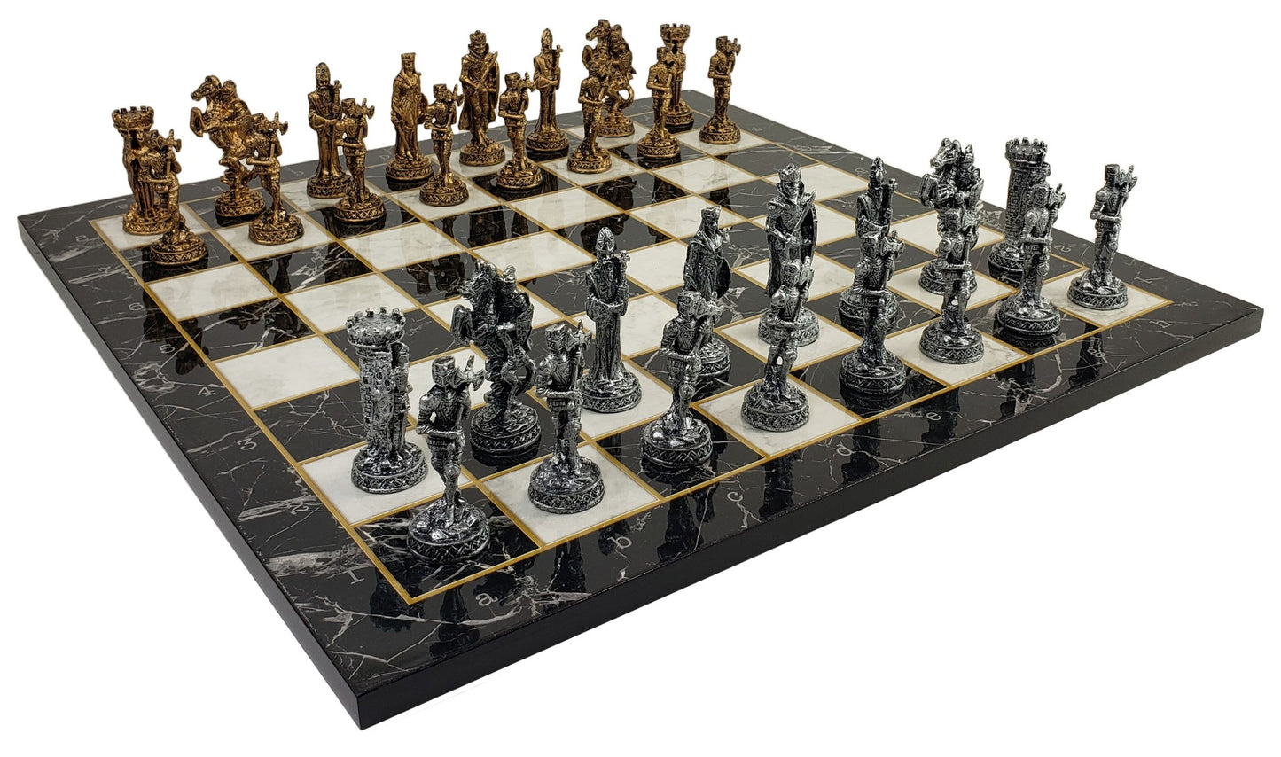 Medieval Times Crusades Pewter METAL Chess Set 17" Black Faux Marble Board