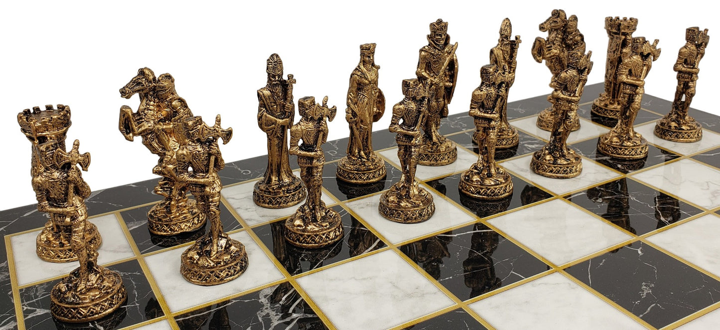 Medieval Times Crusades Pewter METAL Chess Set 17" Black Faux Marble Board