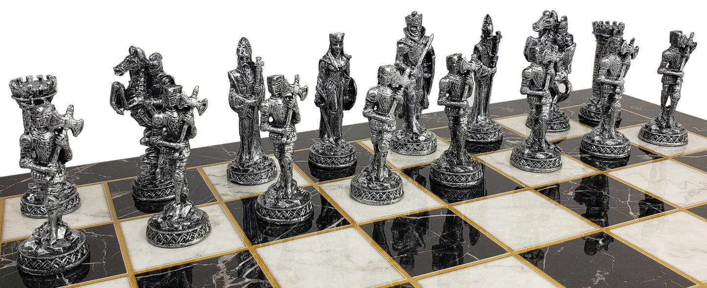 Medieval Times Crusades Pewter METAL Chess Set 17" Black Faux Marble Board