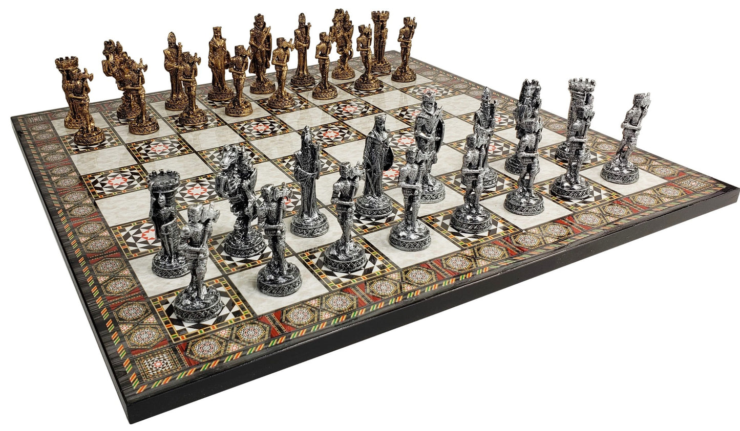 Medieval Times Crusades Pewter METAL Chess Set 17" Mosaic Color Board