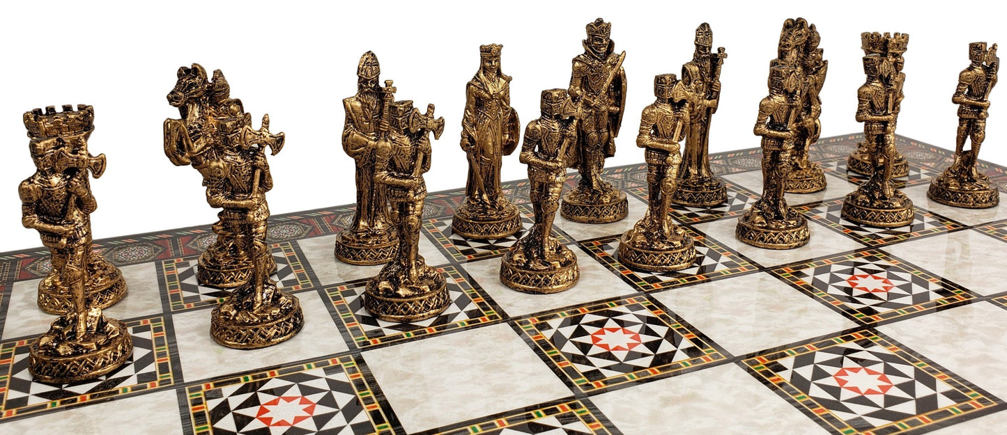 Medieval Times Crusades Pewter METAL Chess Set 17" Mosaic Color Board