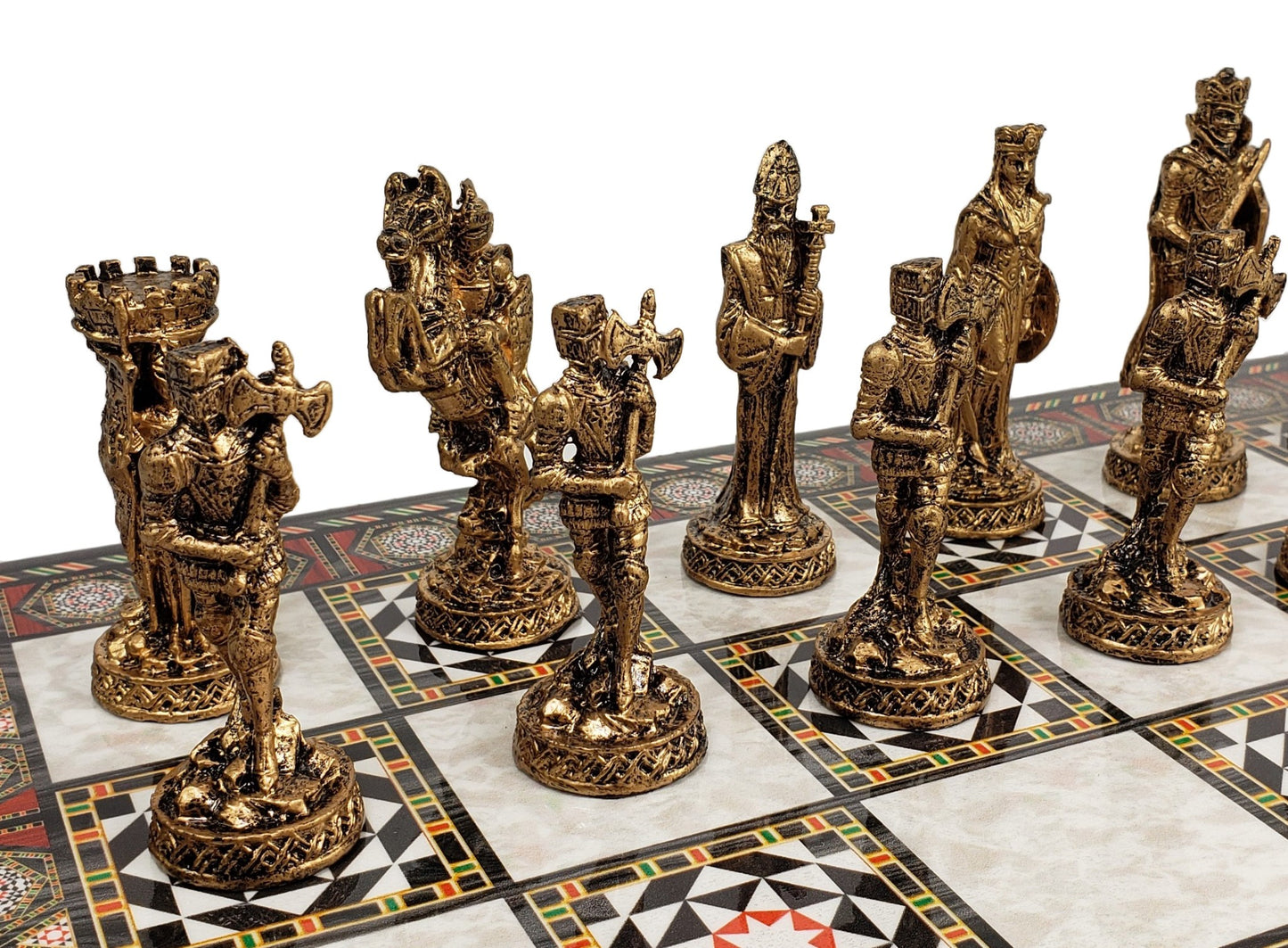 Medieval Times Crusades Pewter METAL Chess Set 17" Mosaic Color Board