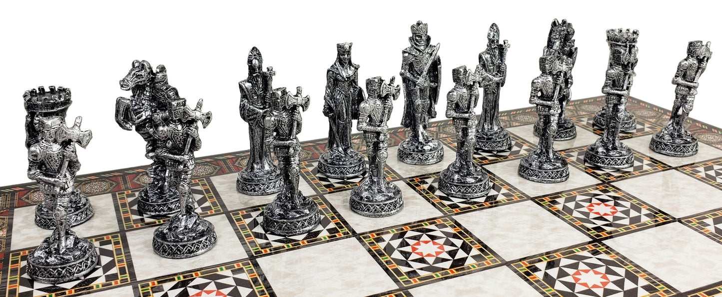 Medieval Times Crusades Pewter METAL Chess Set 17" Mosaic Color Board