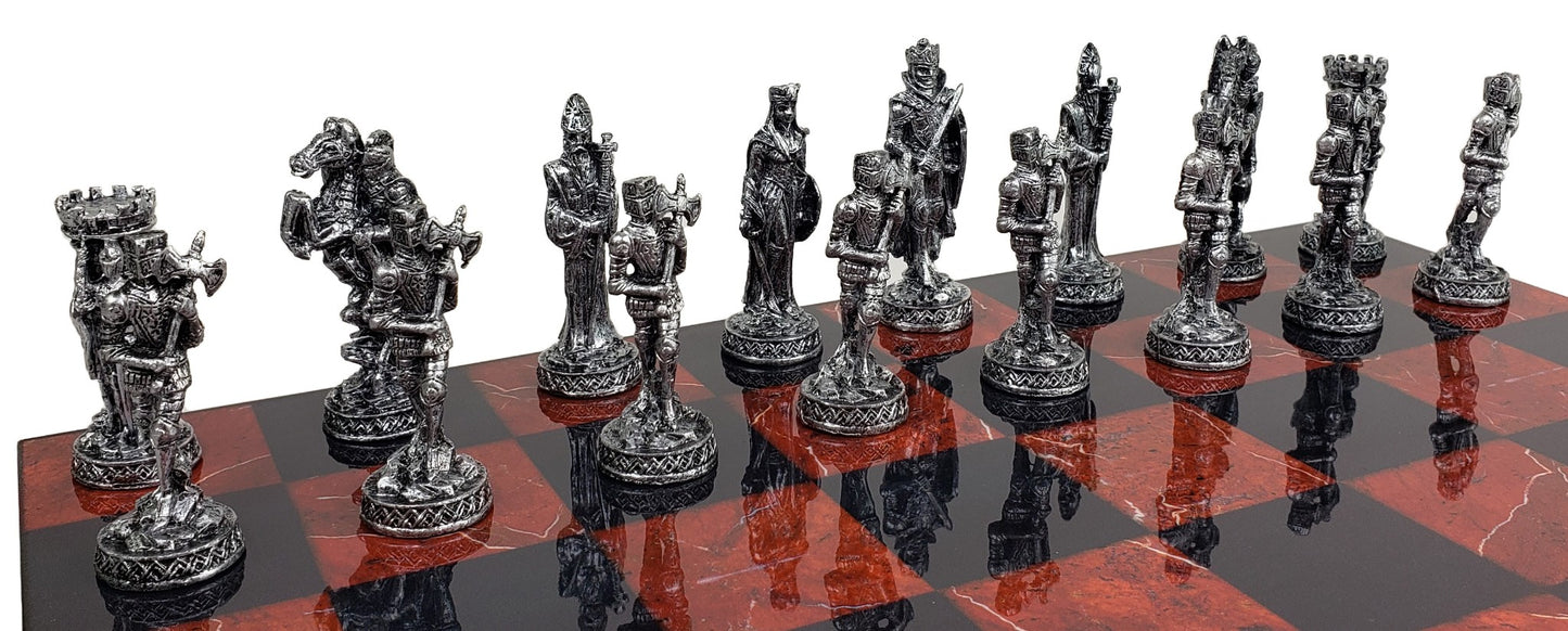 Medieval Times Crusades Pewter METAL Chess Set 16" Black & Red Faux Marble Board