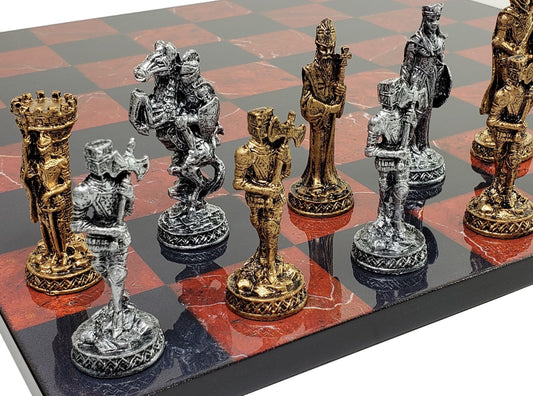 Medieval Times Crusades Pewter METAL Chess Set 16" Black & Red Faux Marble Board