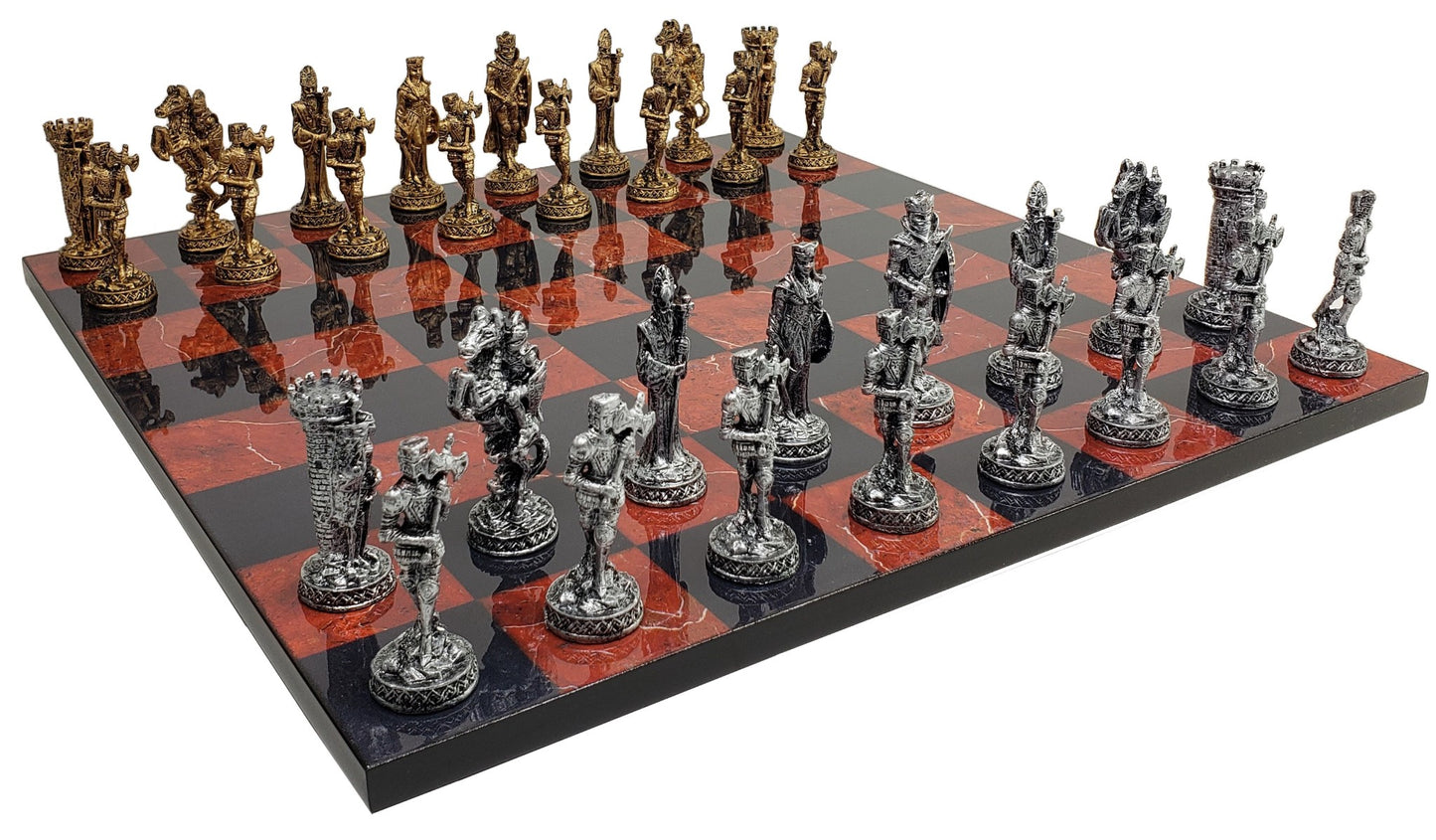 Medieval Times Crusades Pewter METAL Chess Set 16" Black & Red Faux Marble Board