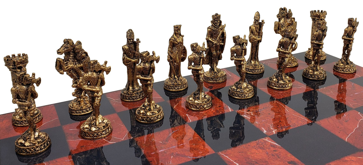 Medieval Times Crusades Pewter METAL Chess Set 16" Black & Red Faux Marble Board